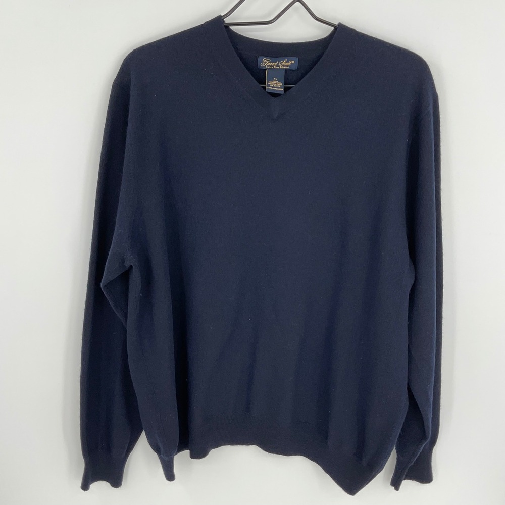 Garret‎ Scott Mens Navy Blue V Neck Extra Fine Merino Wool Sweater XL